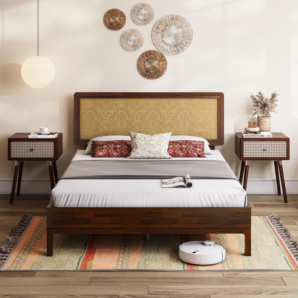 Nipe full platform bed frame with headboard and walnut finish for bedroom setup