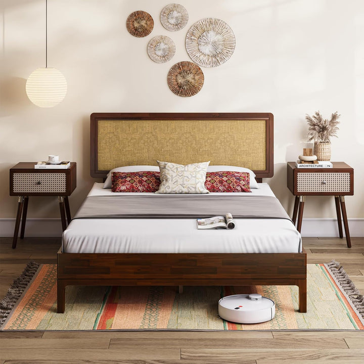 Nipe full platform bed frame with headboard and walnut finish for bedroom setup