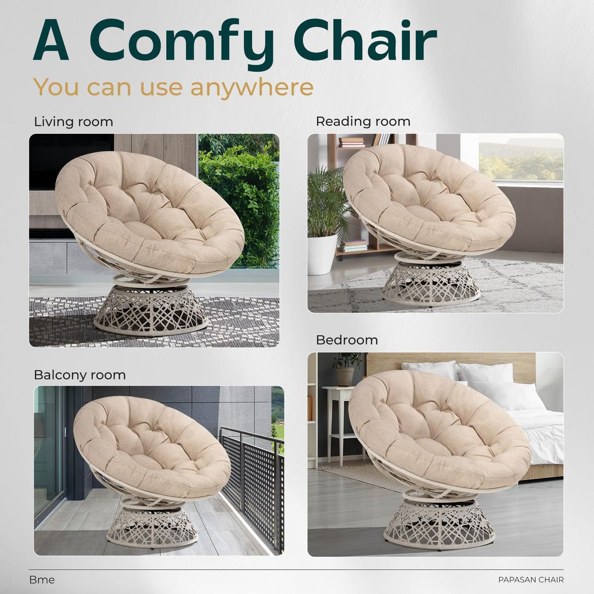 Papasan chair with sepia sand cushion and white frame for casual indoor seating