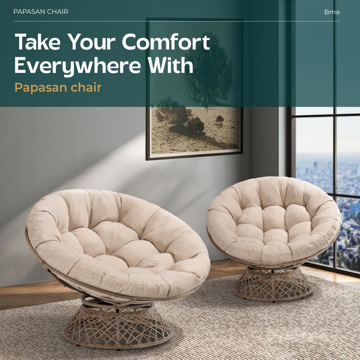 Metal oversized swivel papasan chair with beige cushion, brown frame, and oversized swivel design; for reading and resting