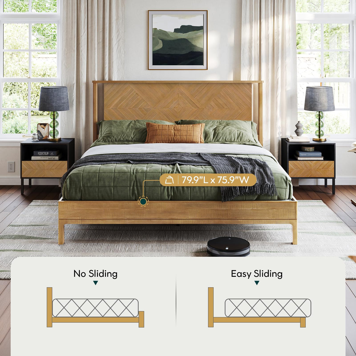 Ethan king platform bed frame, featuring rustic seadrift finish, for a platform bed setup