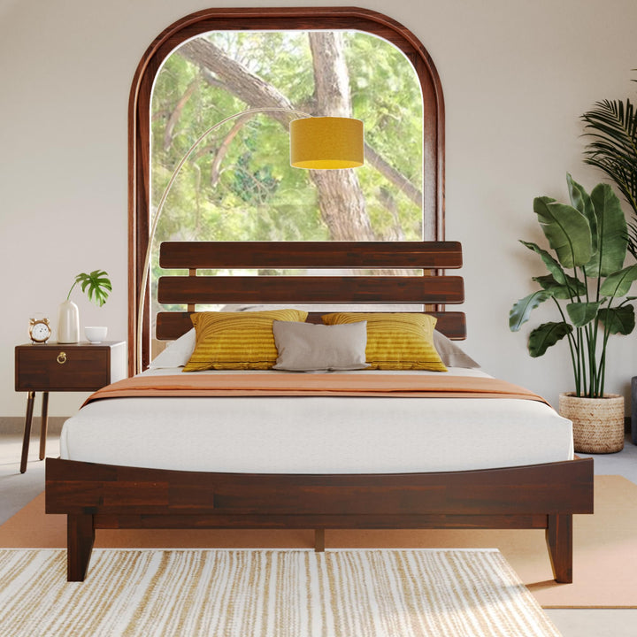 Caden queen platform bed frame with headboard and walnut finish for bedroom setup