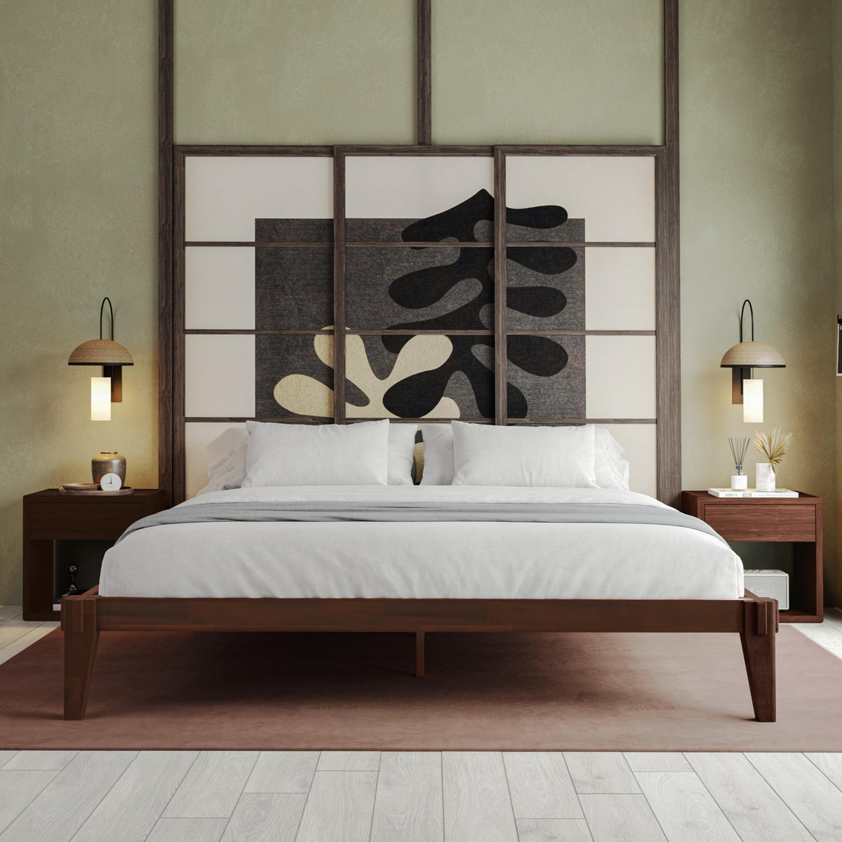 Chalipa king platform bed frame, featuring headboard- design and walnut finish, for a platform bed setup