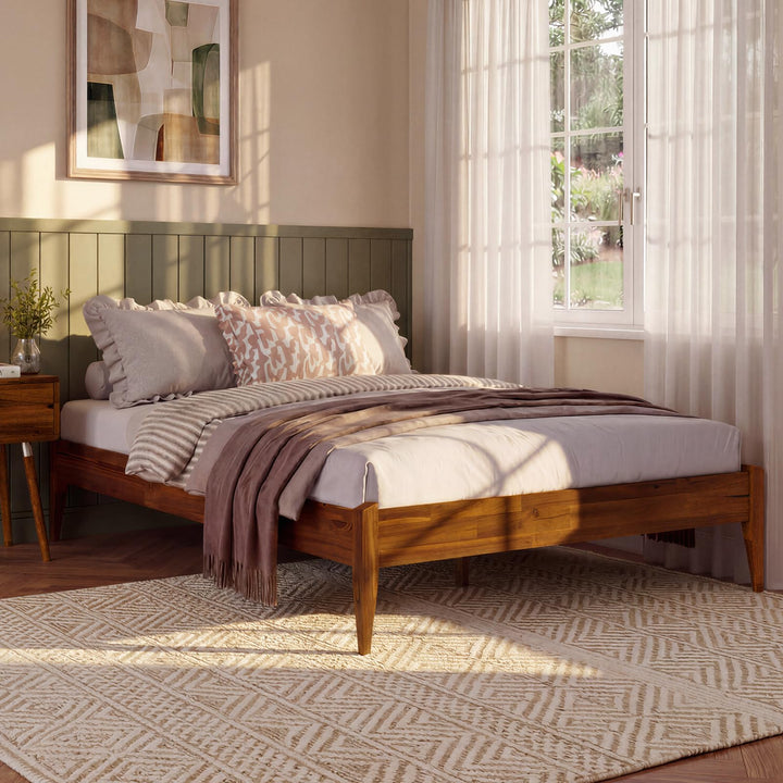 Dinkee full platform bed frame with headboard- design and dark chocolate finish; for bedroom furniture
