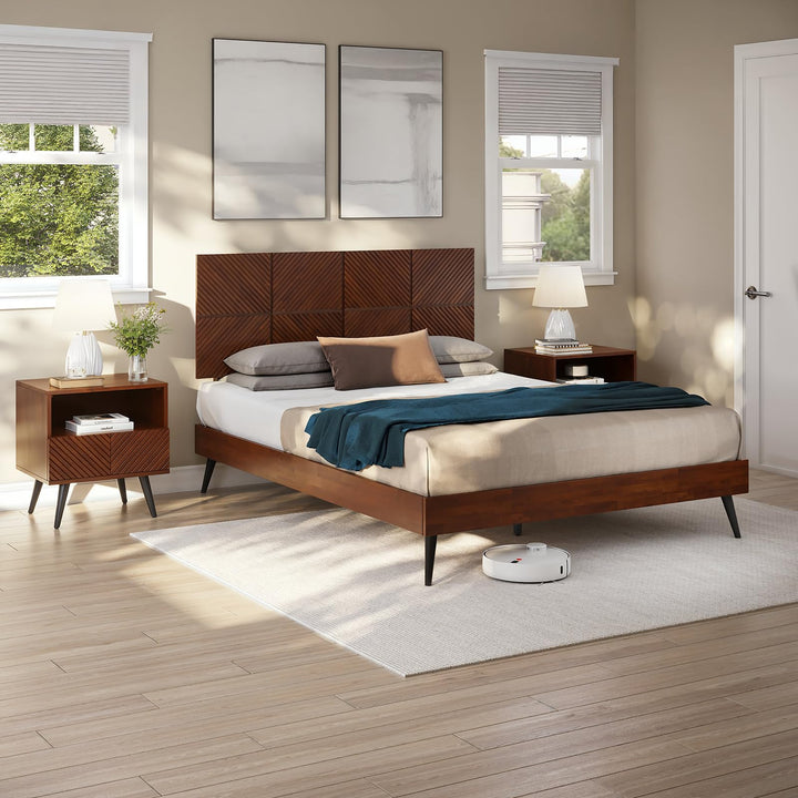 Rhombus queen platform bed frame with walnut finish; for bedroom furniture