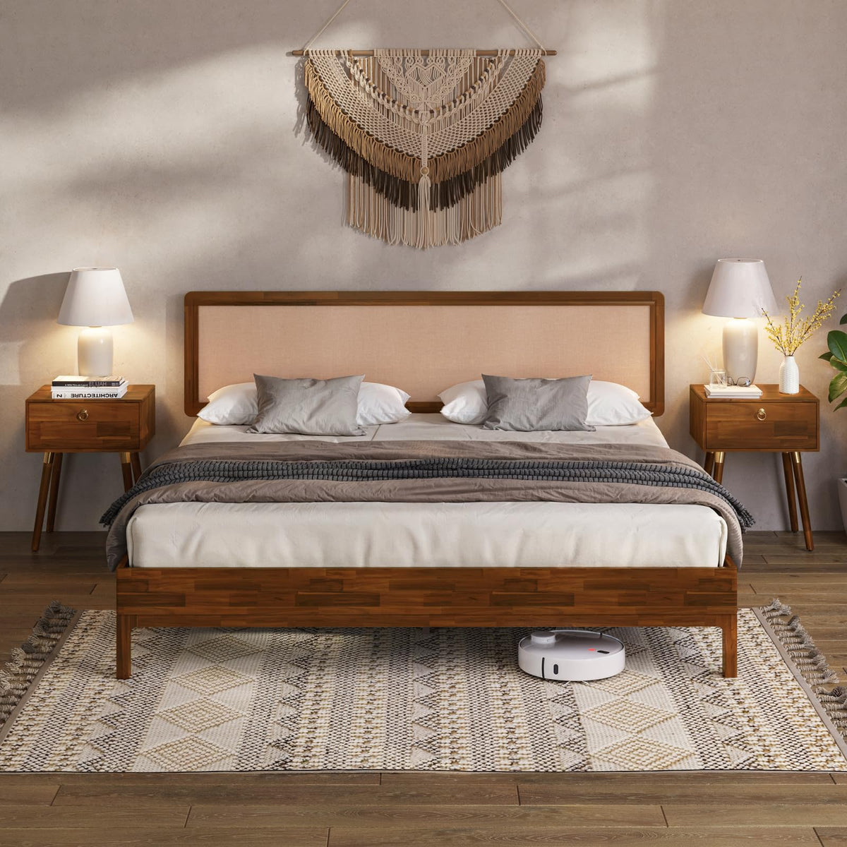 Nipe king platform bed frame with headboard, solid acacia wood, and dark chocolate finish for bedroom setup