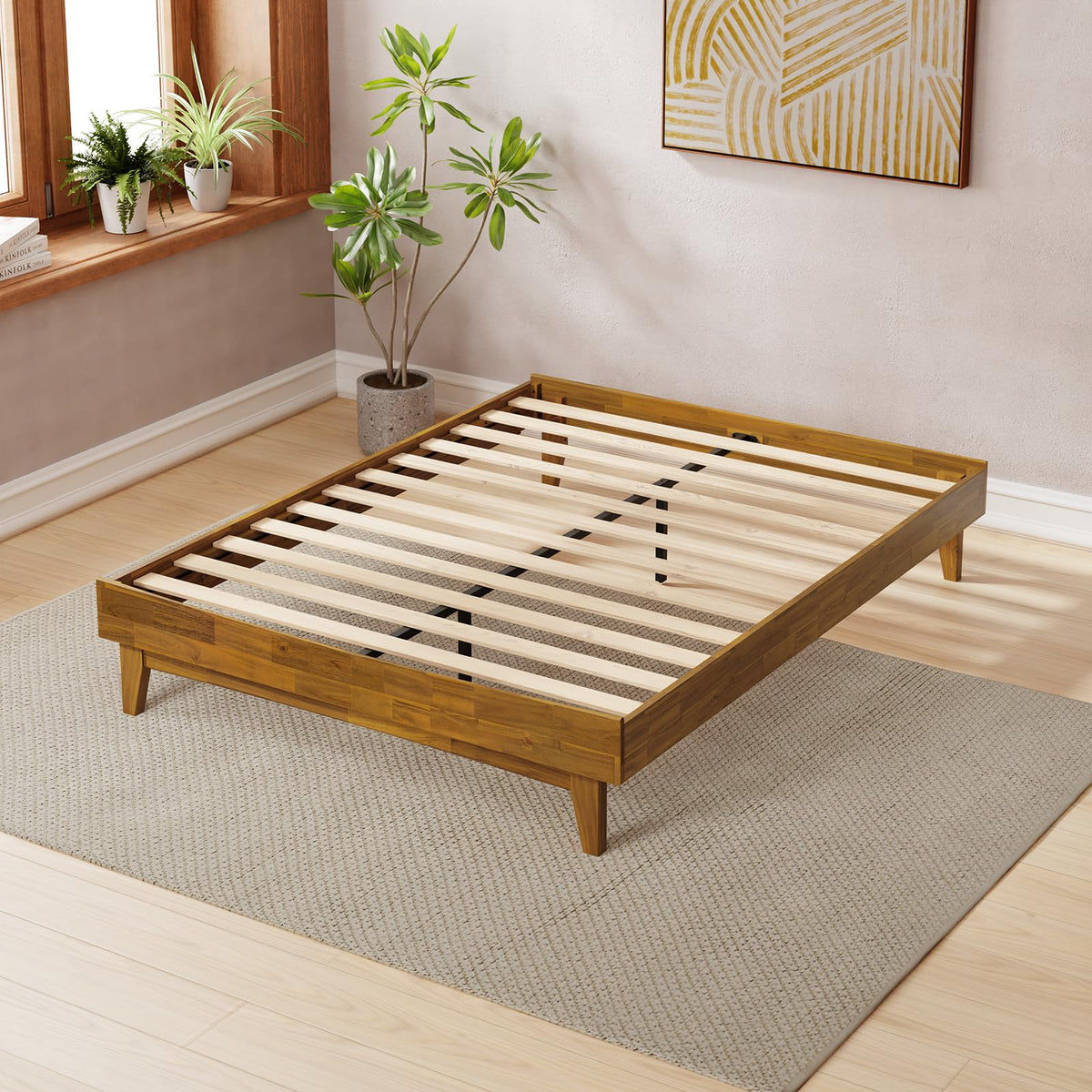 Catherine king platform bed frame designed with teak brown finish for bedroom styling
