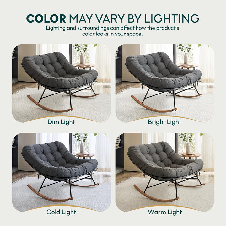 Metal moon rocking chair with grey cushion and wood-texture frame for casual indoor use
