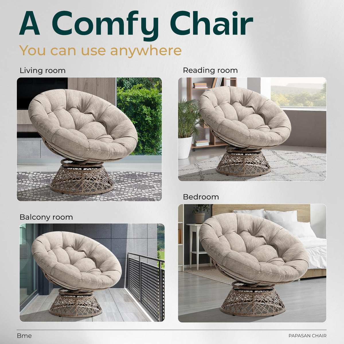 Papasan chair, featuring silver cloud cushion and brown frame, for a lounge area