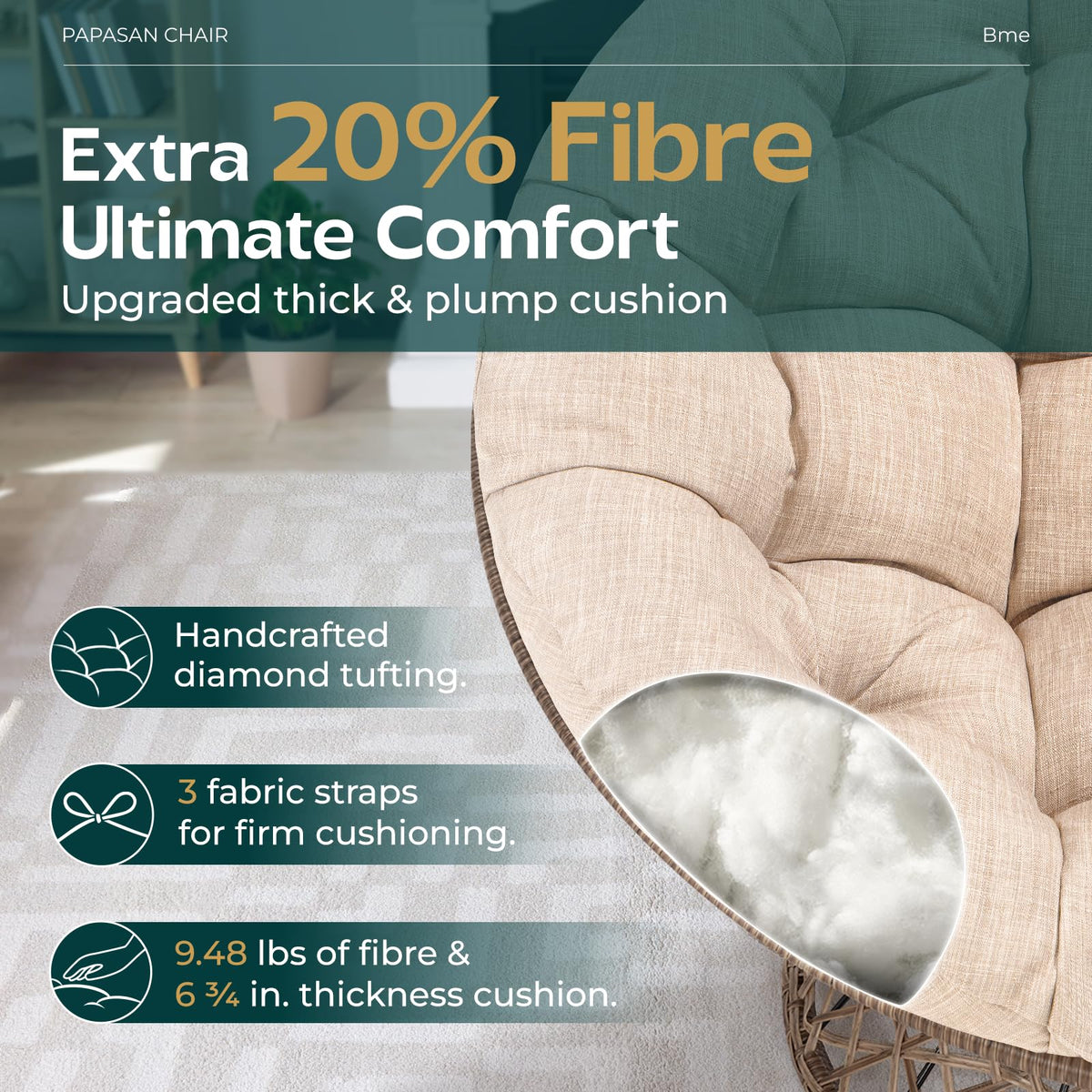 Papasan chair with sepia sand cushion and brown frame; for relaxation