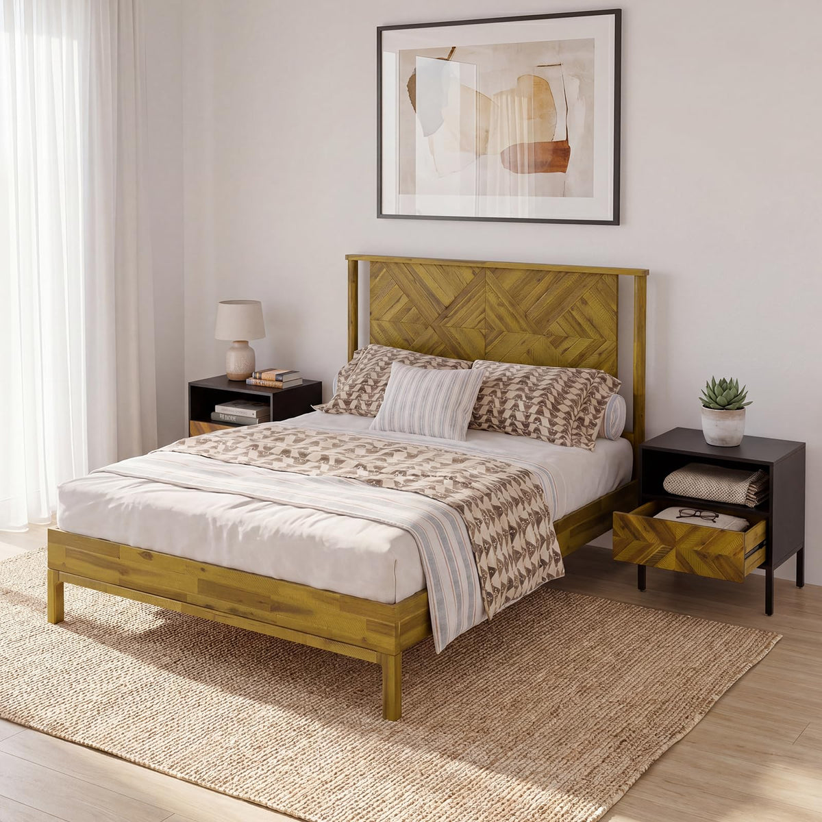 Ethan queen platform bed frame with headboard; for sleep-space furnishing