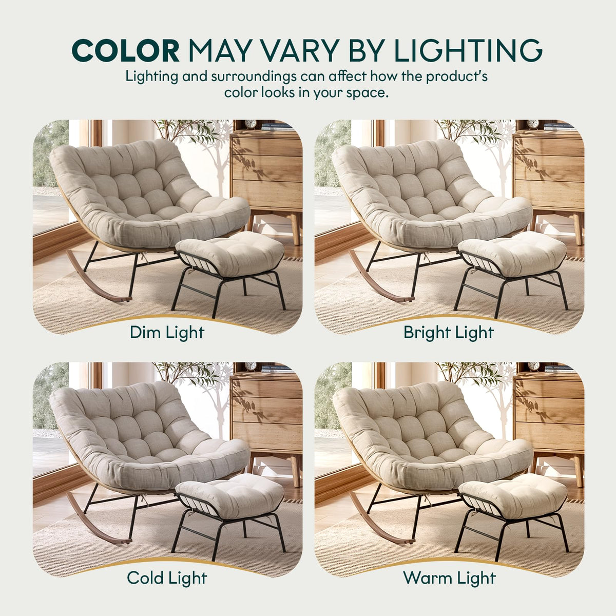 Metal moon rocking chair with ottoman with beige cushion and wood-texture frame for casual indoor use