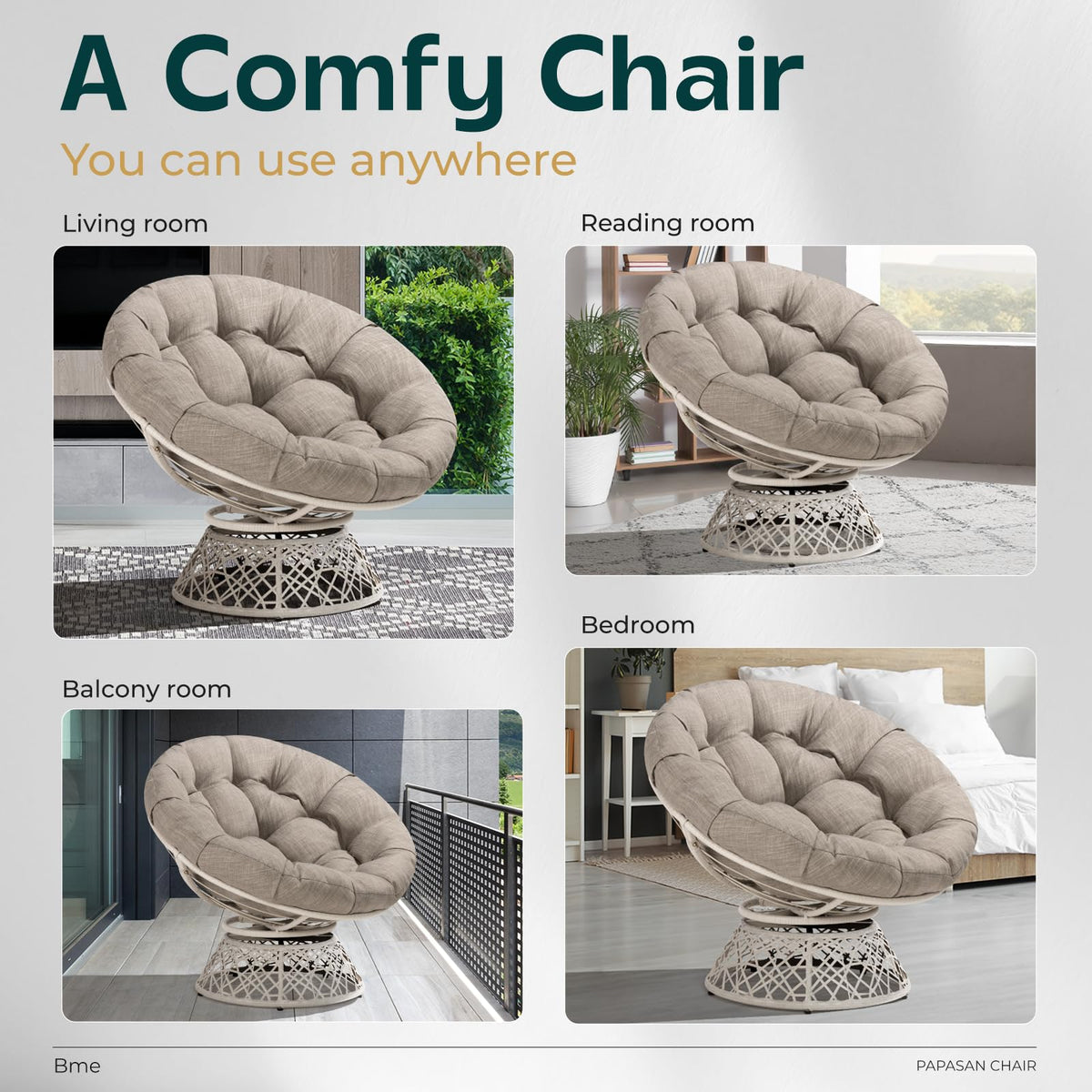 Papasan chair, featuring silver cloud cushion and white frame, for a lounge area