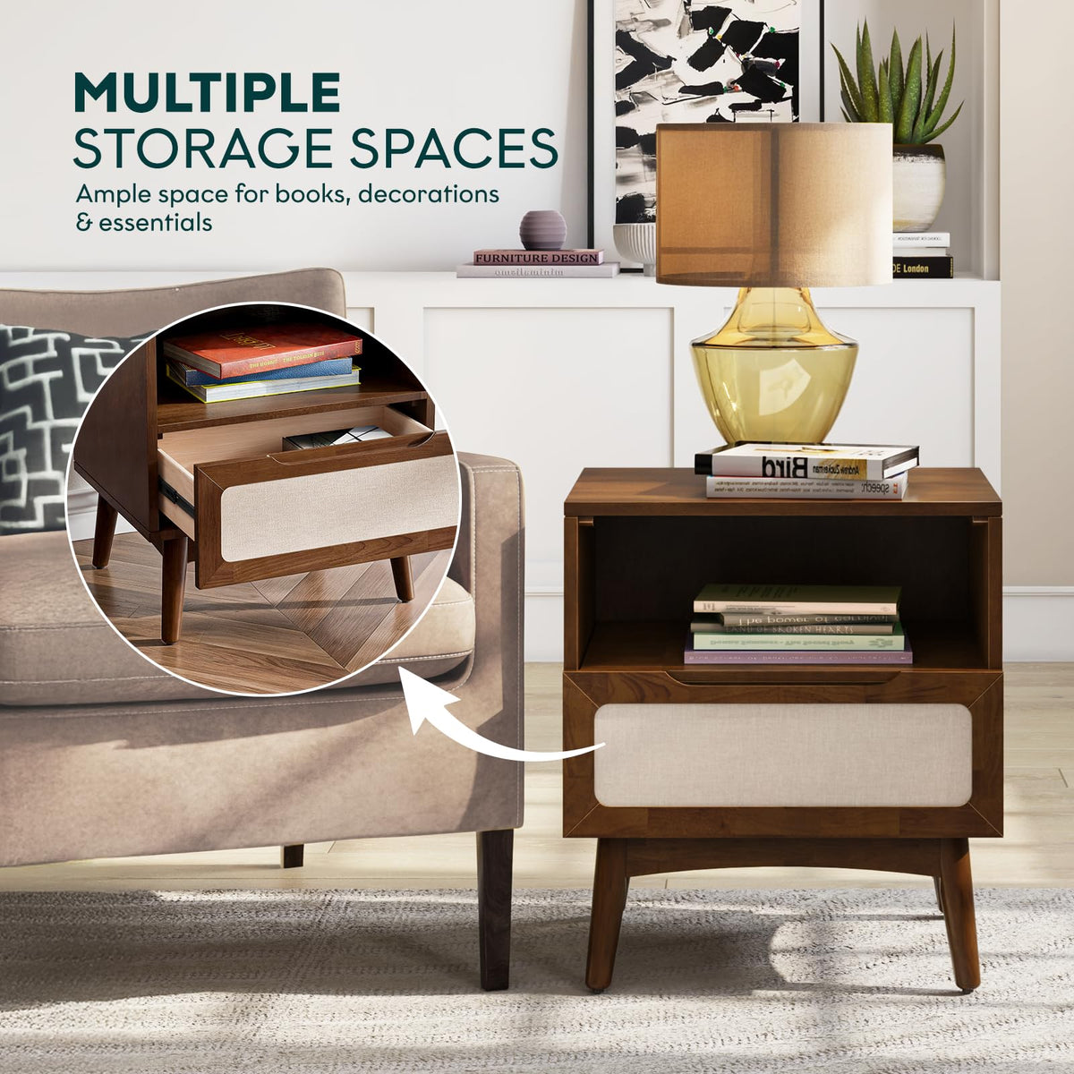 Calista 1-drawer nightstand with rubber wood veneer, chestnut finish, and bedside storage for lamps and books