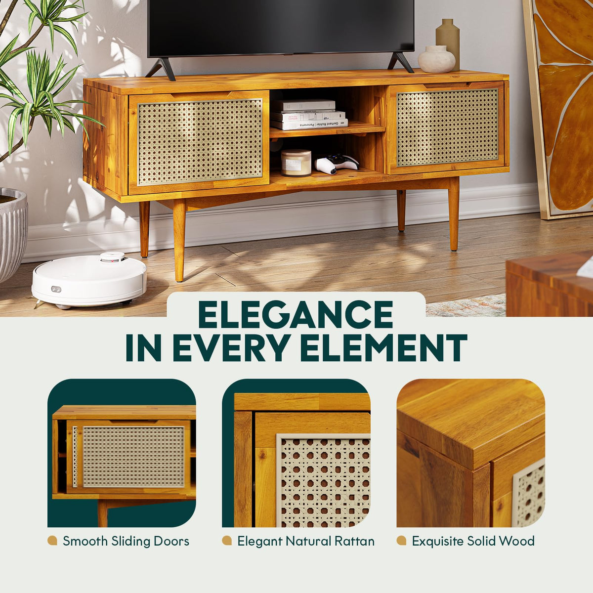 Oliver TV stand with caramel finish and media storage; for a home entertainment area