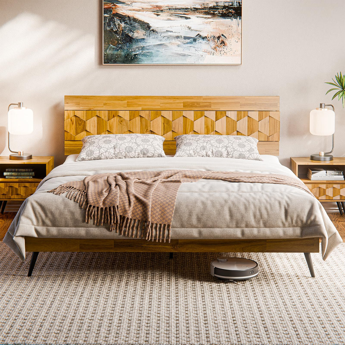 Georgina king platform bed frame with teak brown finish for bedroom setup