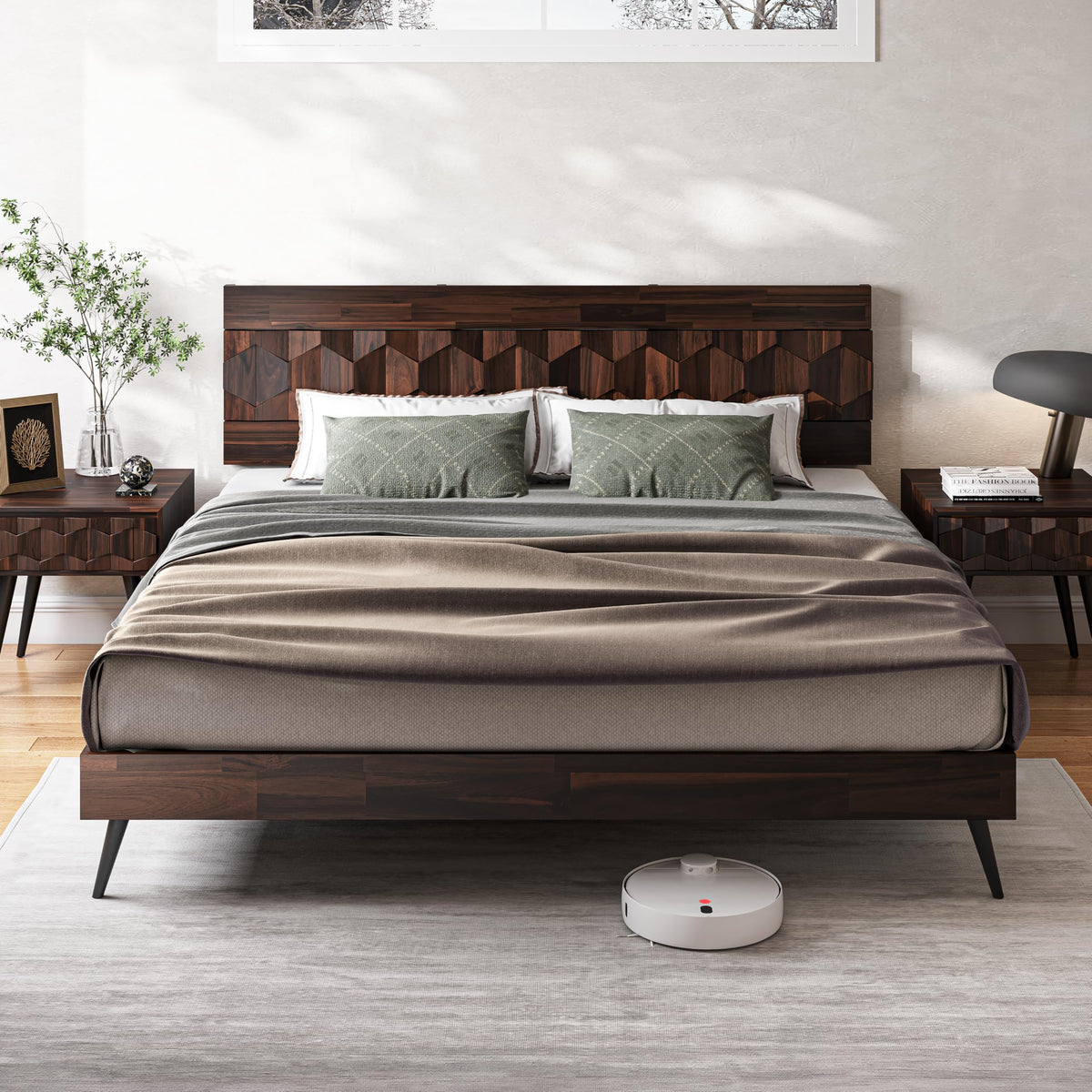 Georgina king platform bed frame with walnut finish for bedroom setup
