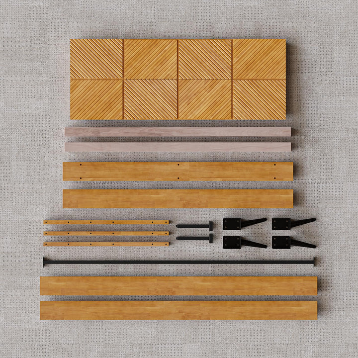 Rhombus queen platform bed frame, featuring teak brown finish, for a platform bed setup