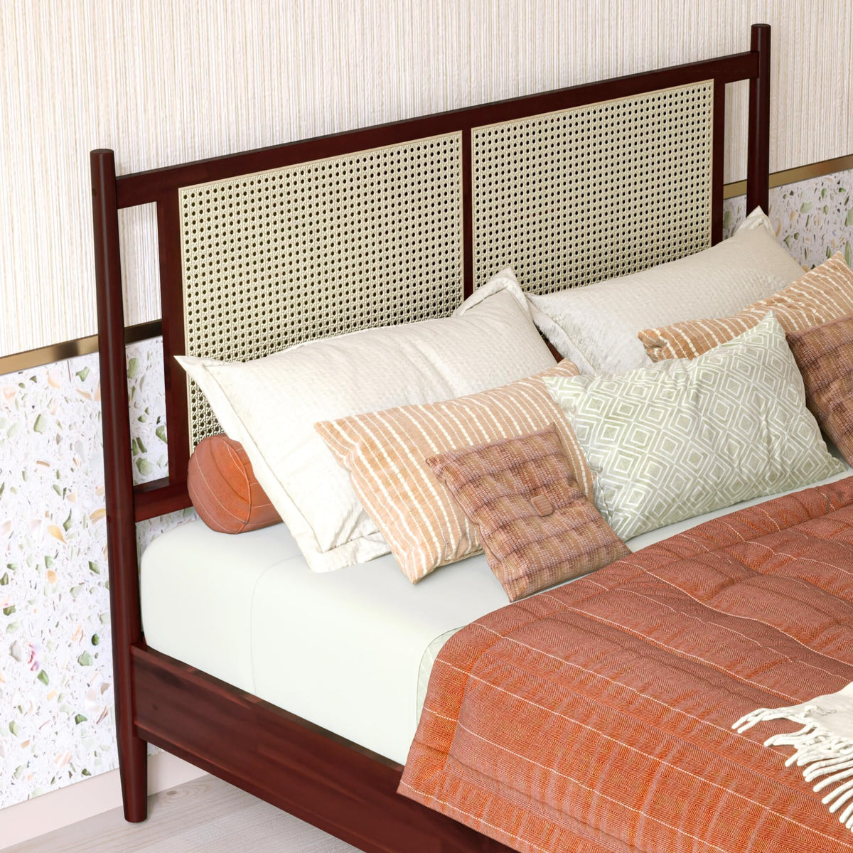 Oliver queen platform bed frame, featuring walnut finish, for a platform bed setup