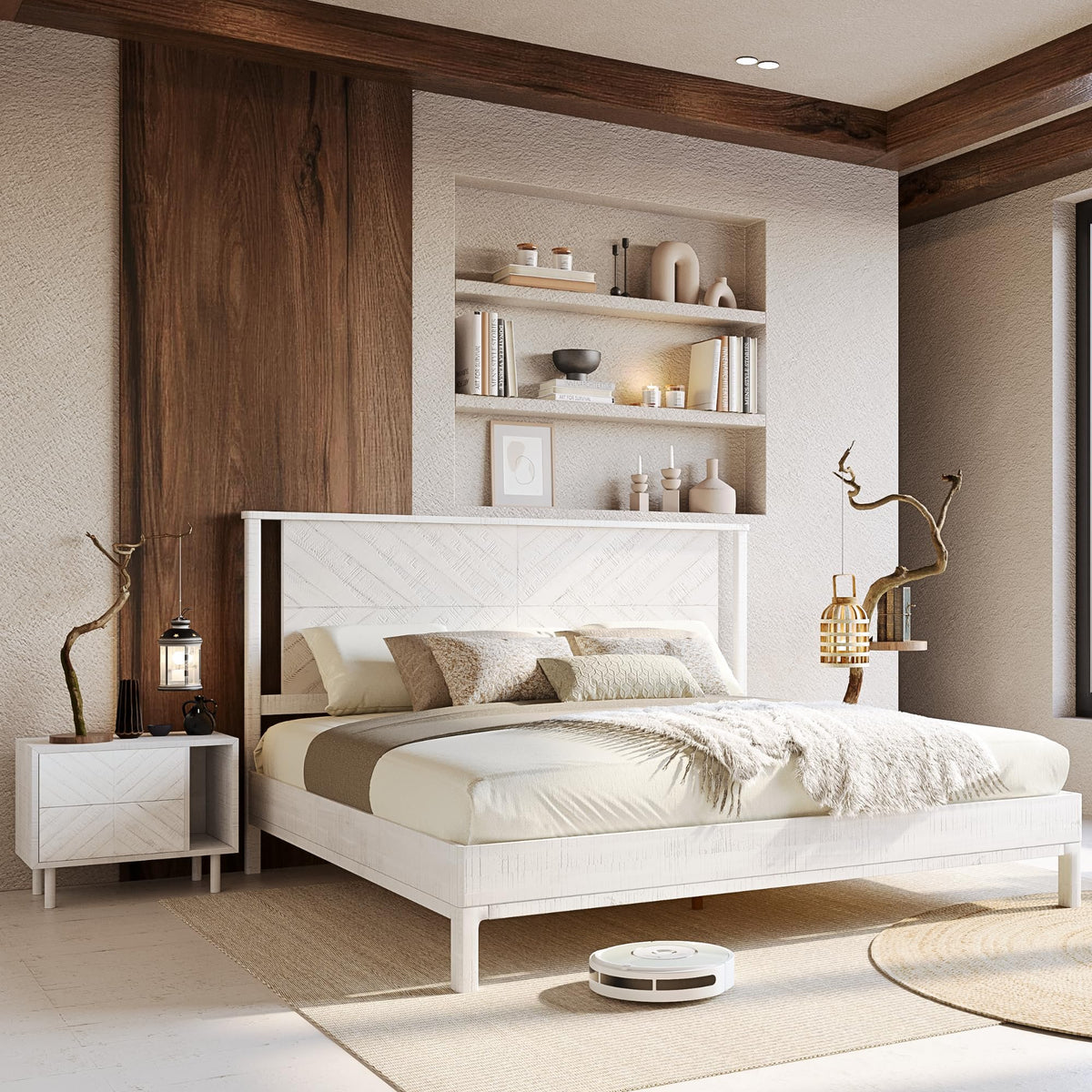 Vivian king platform bed frame designed with headboard, acacia wood, and rustic white finish for a coordinated sleep space
