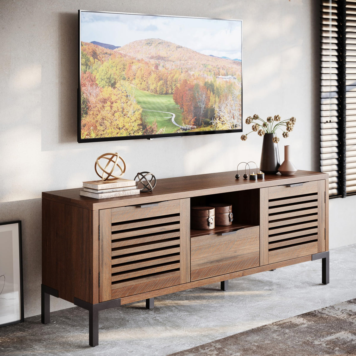 Millie TV stand designed with rustic chestnut finish and media storage for TV and decor display