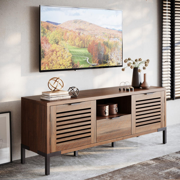 Millie TV stand designed with rustic chestnut finish and media storage for TV and decor display