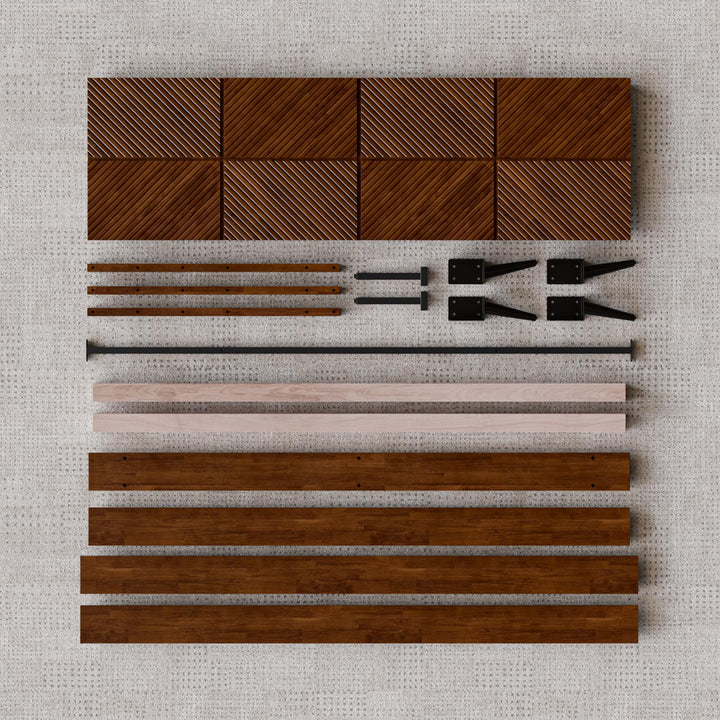 Rhombus king platform bed frame, featuring walnut finish, for a platform bed setup
