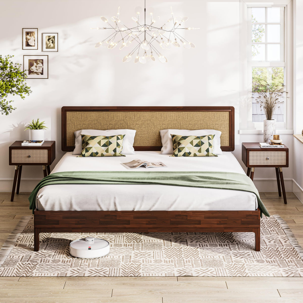 Nipe king platform bed frame with headboard and walnut finish for bedroom setup