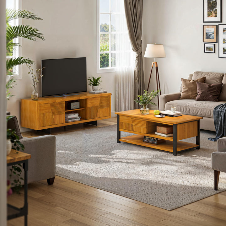 Trapeze coffee table, featuring teak brown finish and living room table, for everyday surface space