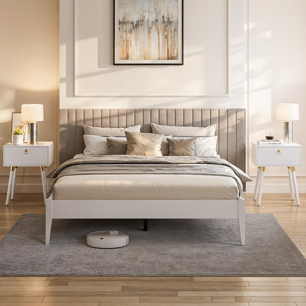Dinkee king platform bed frame with headboard- design and white finish for bedroom setup