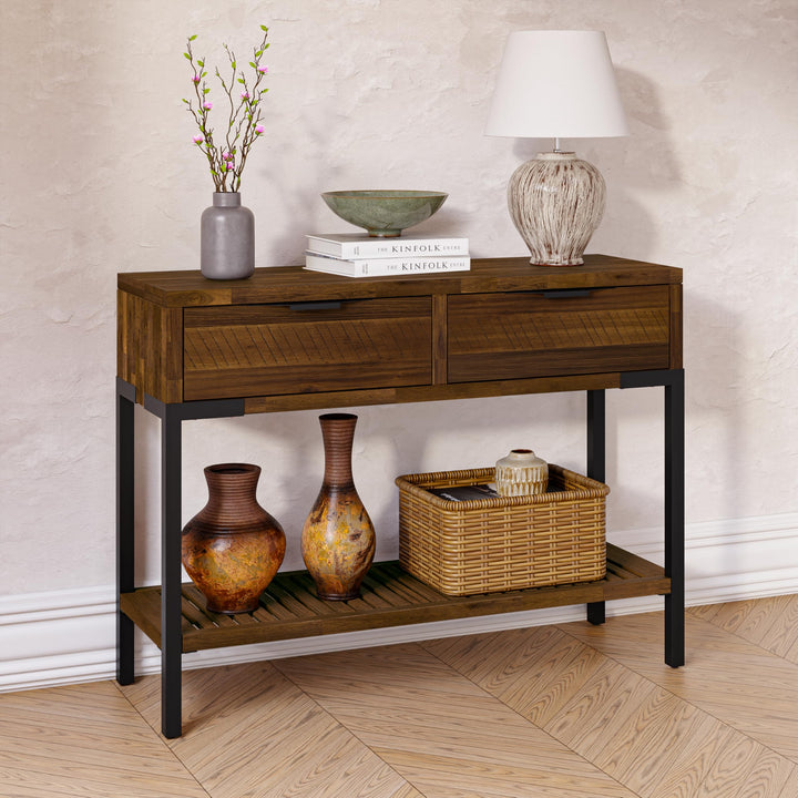 Millie console table, featuring rustic chestnut finish and entryway table, for entryway storage