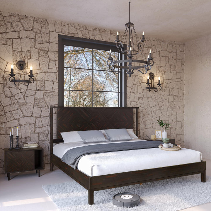 Ethan king platform bed frame with headboard and rustic black finish; for sleep-space furnishing