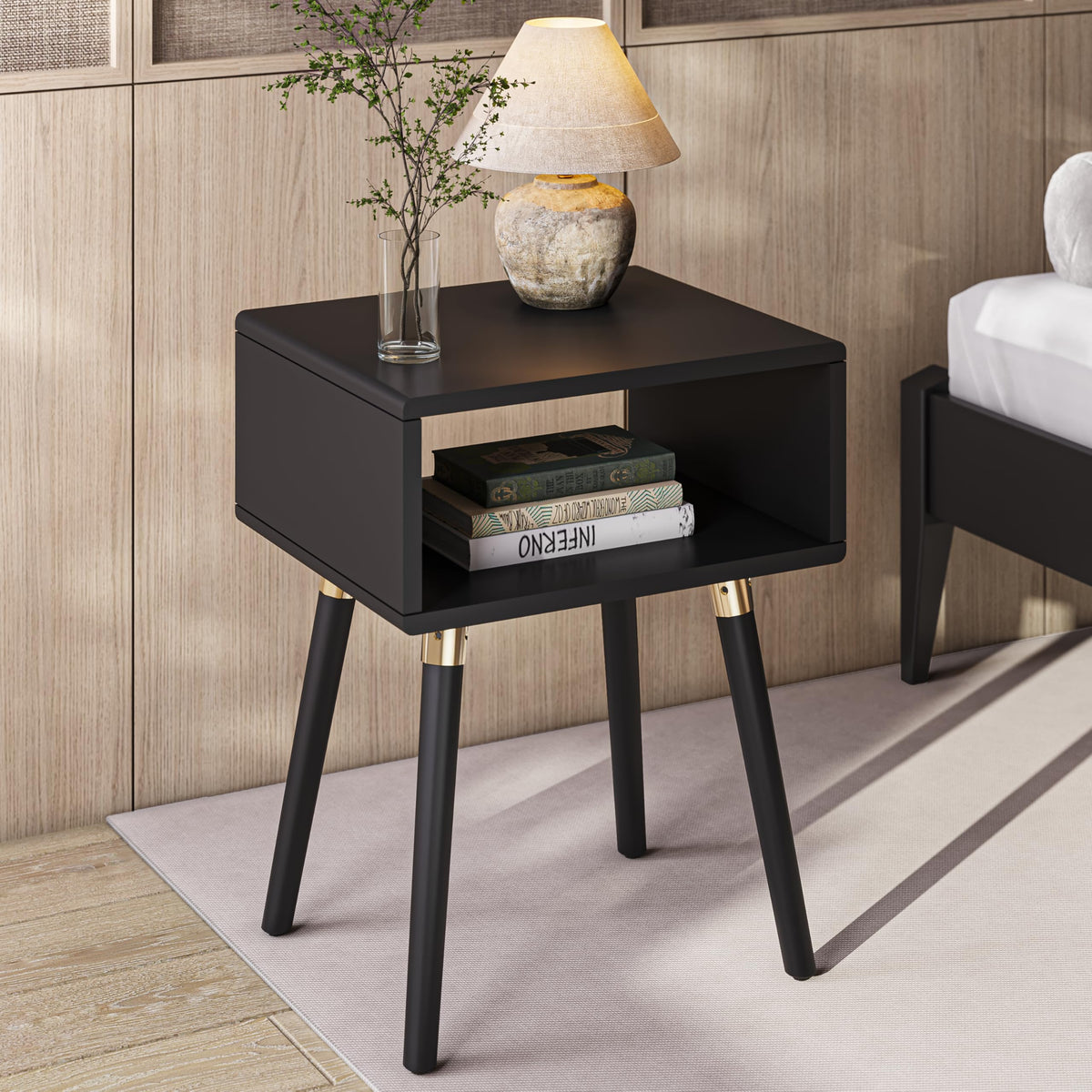 Dinkee nightstand with black finish and bedside storage for bedside storage