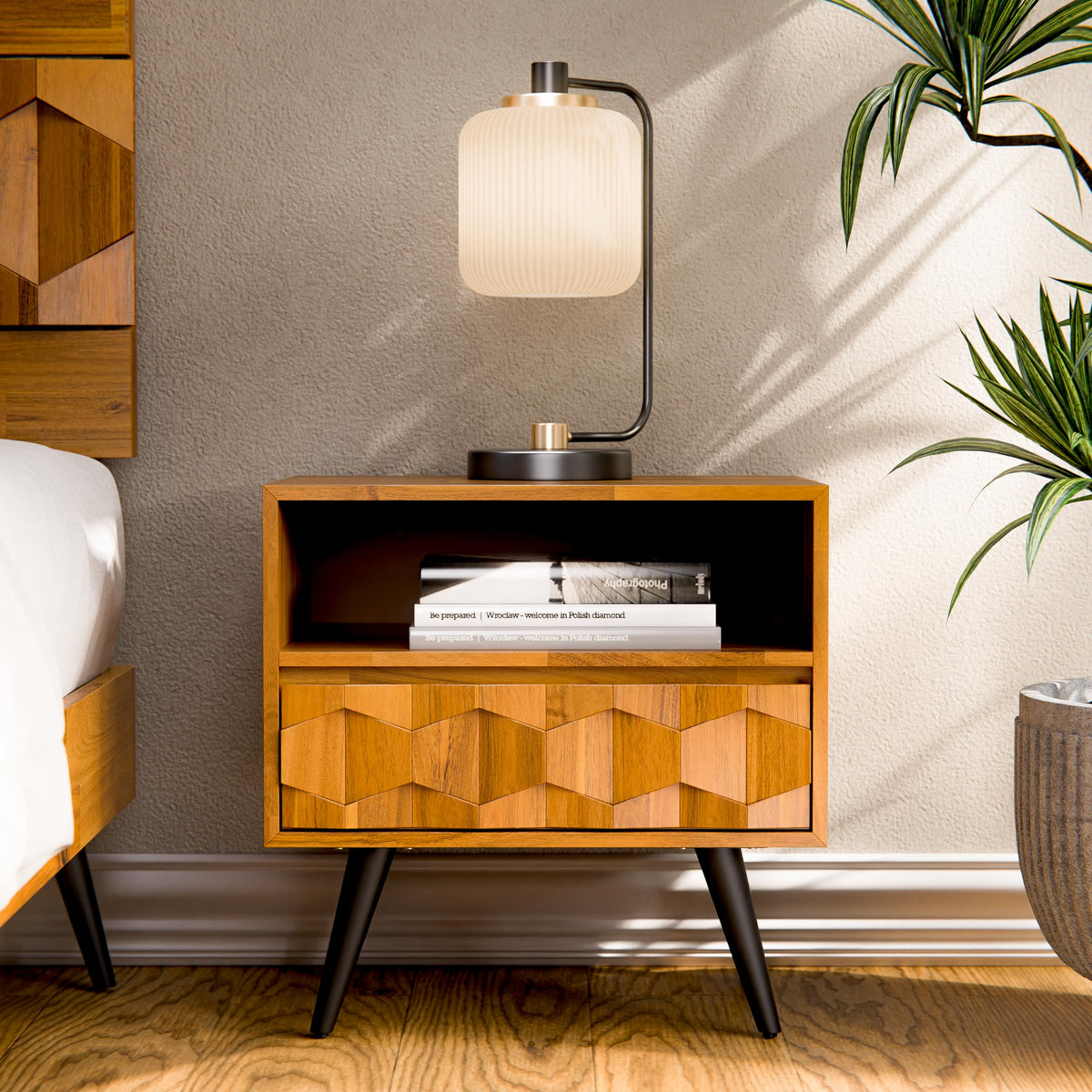 Georgina 1-drawer nightstand with teak brown finish and bedside storage for bedside storage