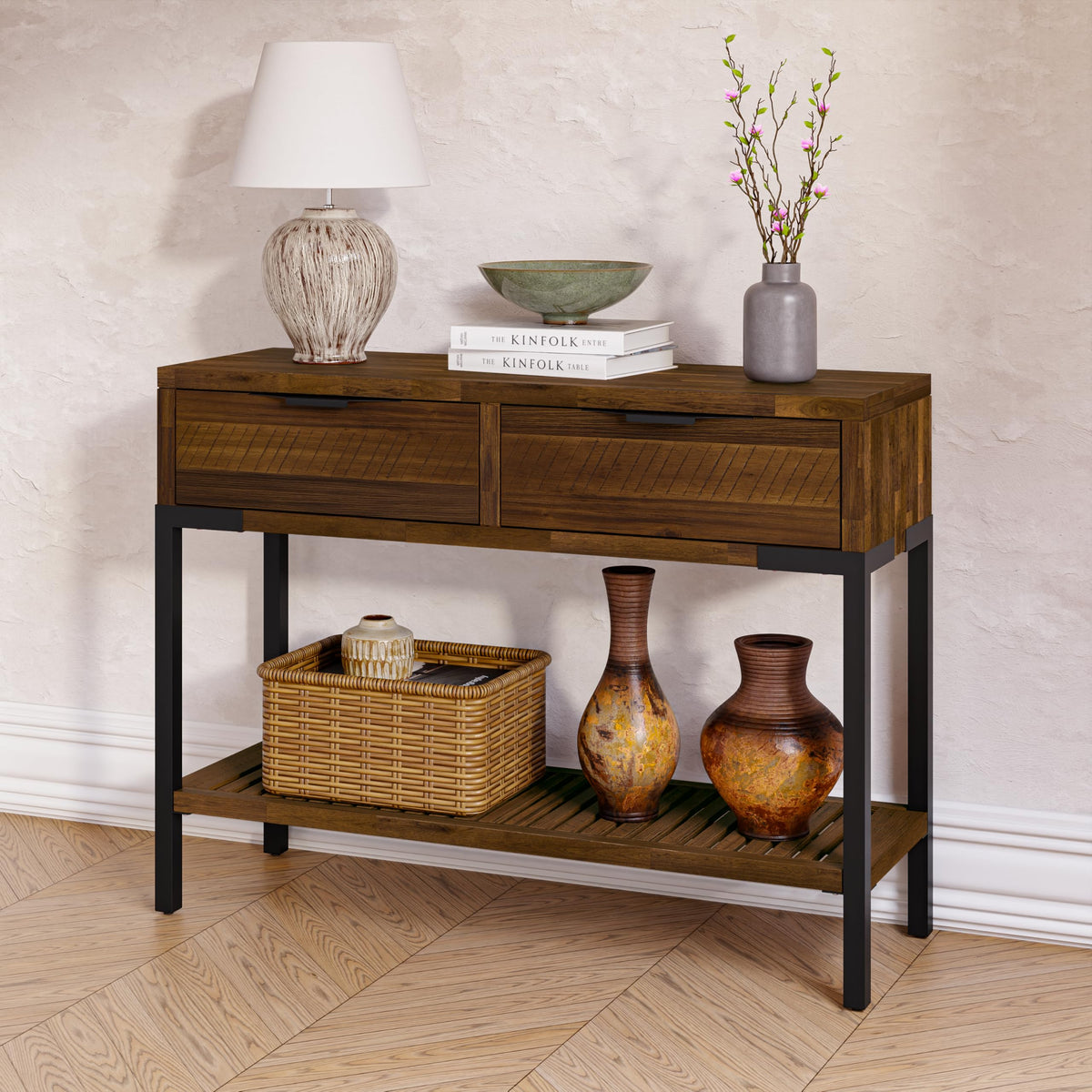 Millie console table with rustic chestnut finish and entryway table for entryway use