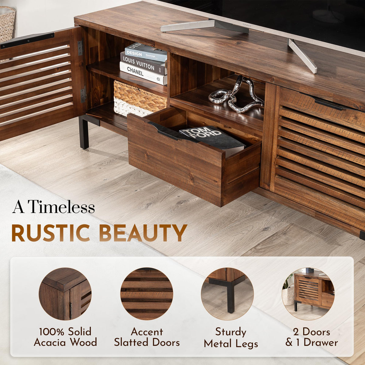 Millie TV stand designed with rustic chestnut finish and media storage for living room media
