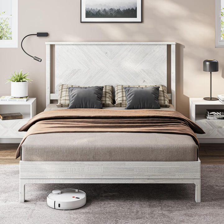 Vivian queen platform bed frame with headboard, acacia wood, and rustic white finish for bedroom setup