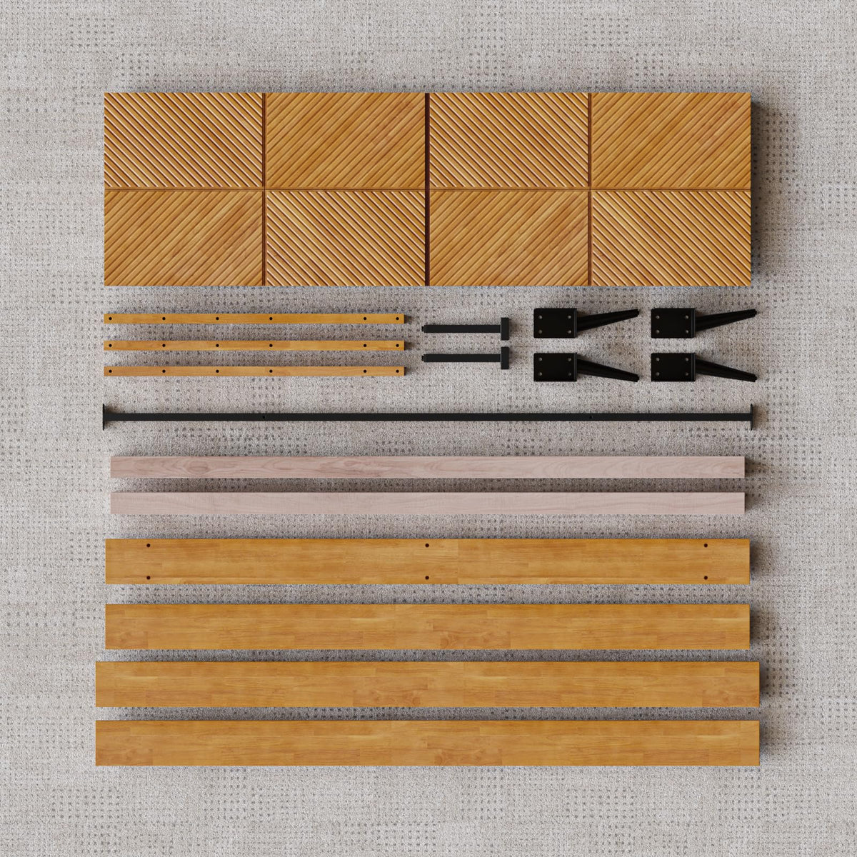 Rhombus king platform bed frame, featuring teak brown finish, for a platform bed setup