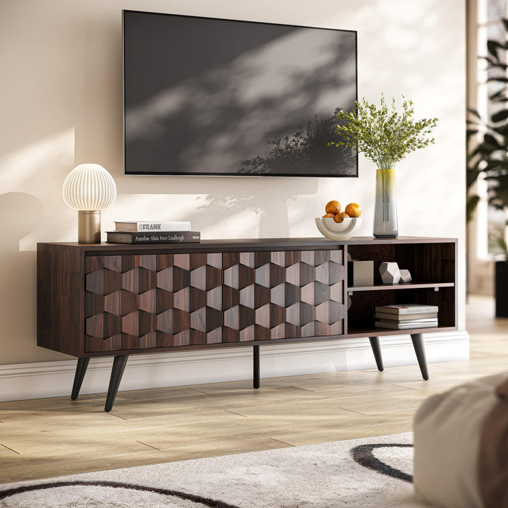 Georgina TV stand with 65-inch design, 2-door, walnut finish, and media storage for media storage
