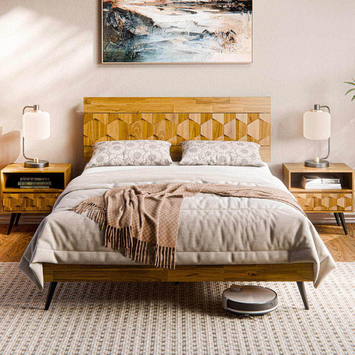Georgina queen platform bed frame with teak brown finish for bedroom setup