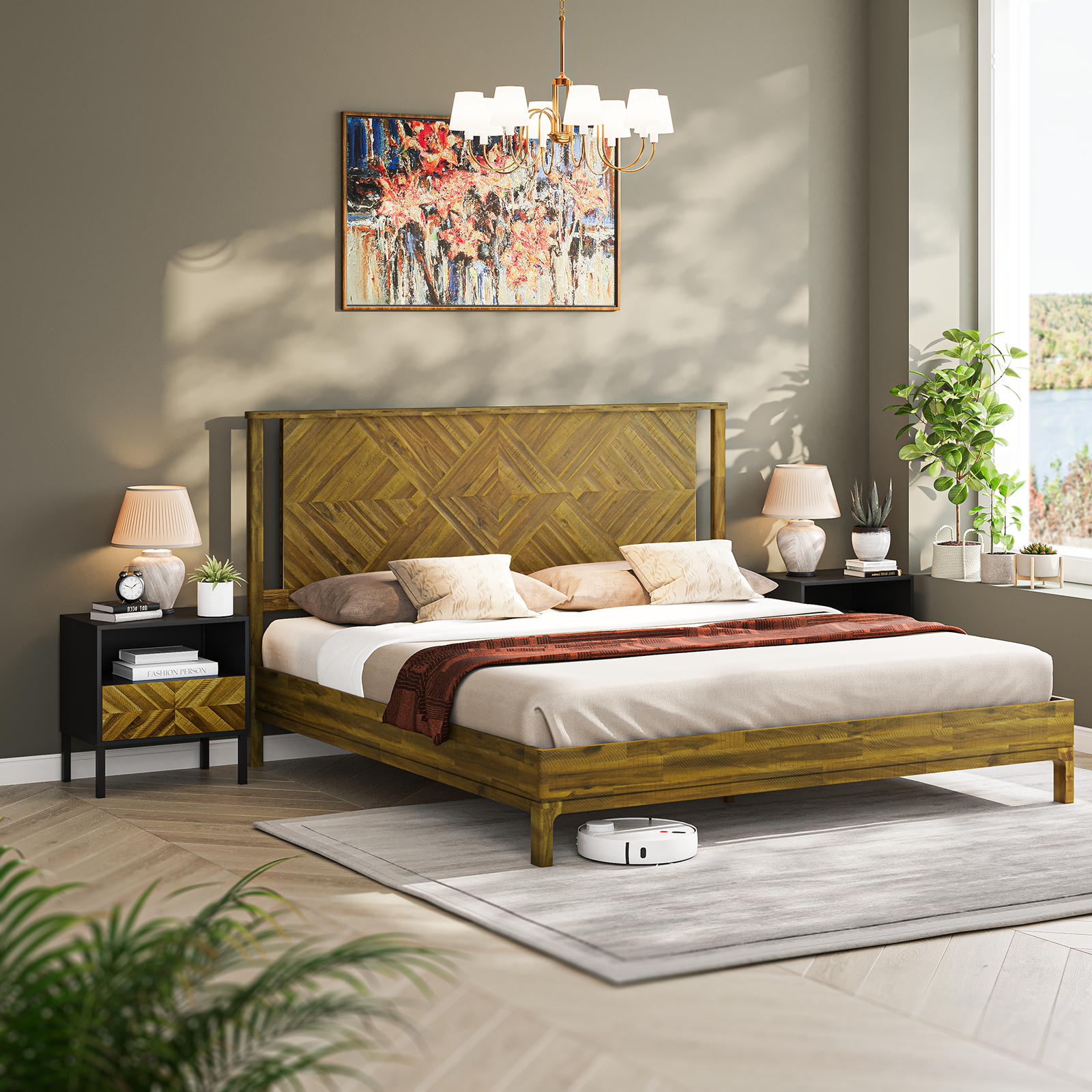 Bme Ethan Solid Wood King Bed Frame with Diamond Headboard
