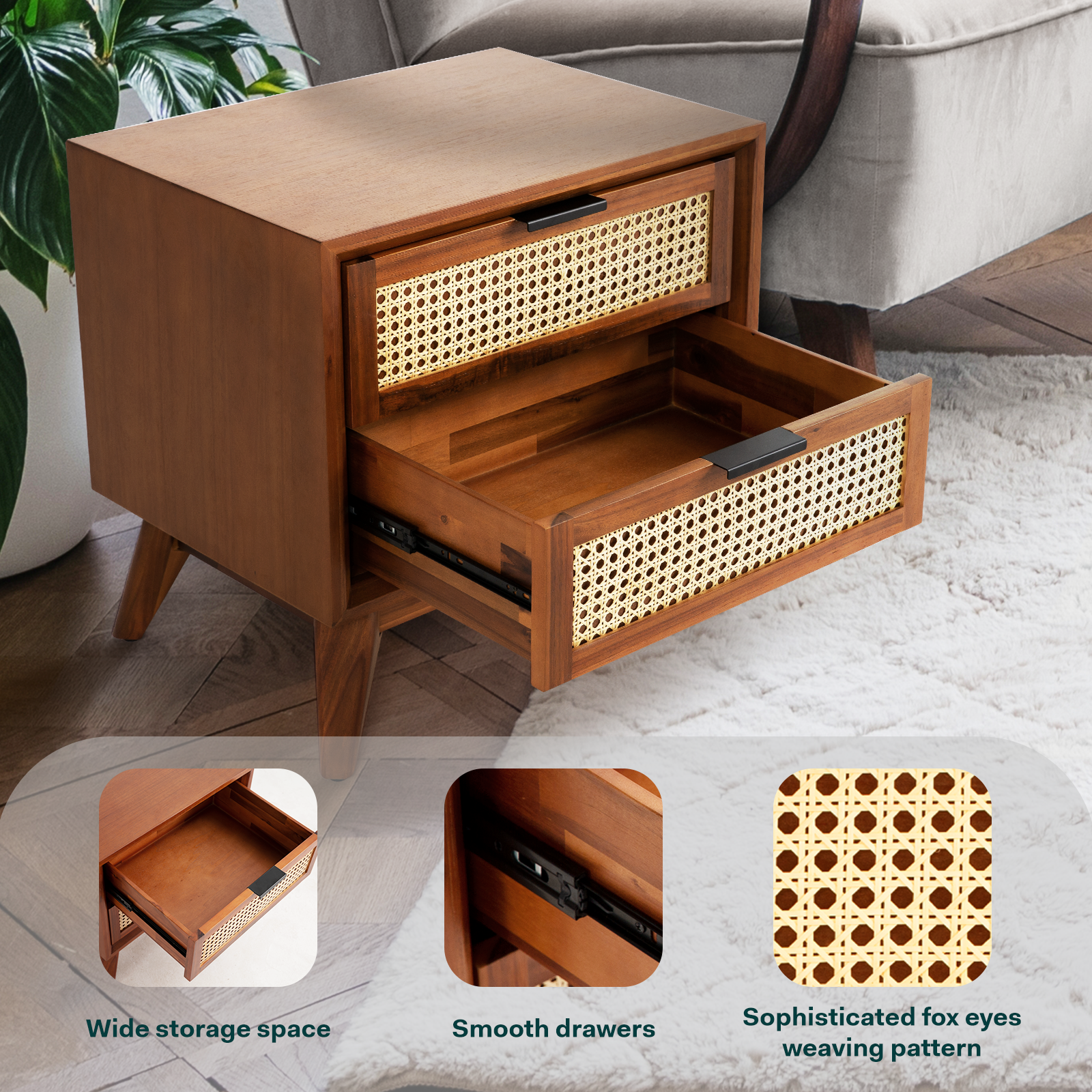 Bme Jasper Deluxe Solid Wood Rattan Nightstand Fully Assembled