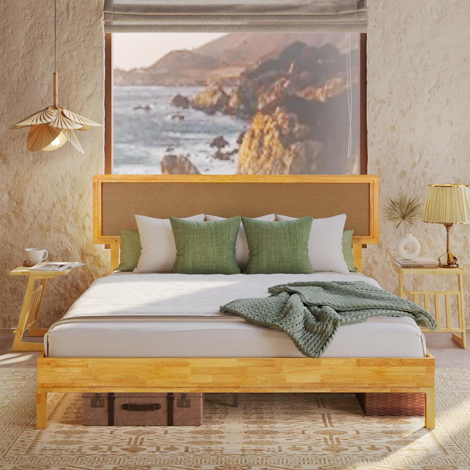 Bme Nipe King 14 Inch Bohemian Bed Frame with Adjustable Woven Headboard