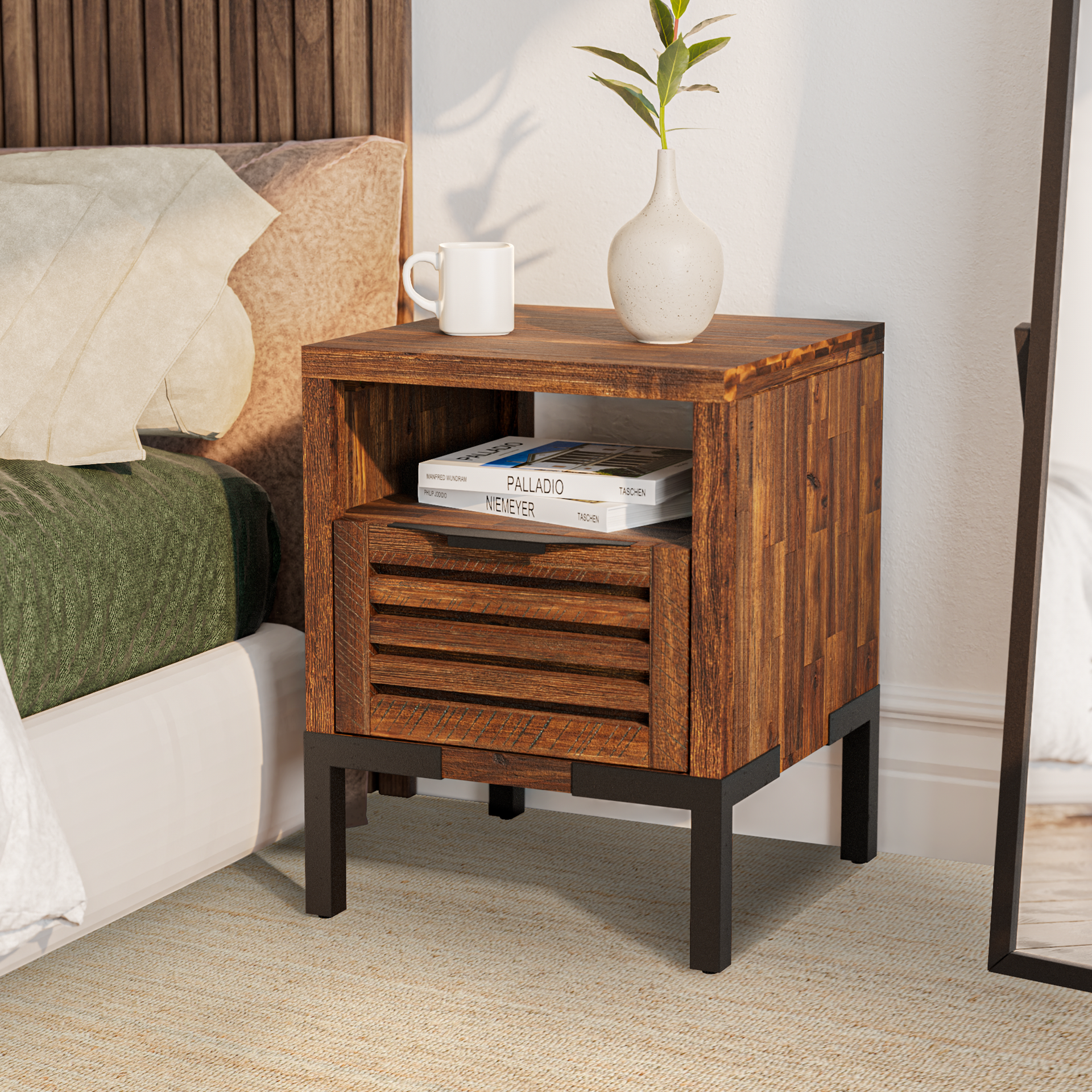 Bme Millie Solid Acacia Wood Rustic Nightstand with Drawers & Open Shel