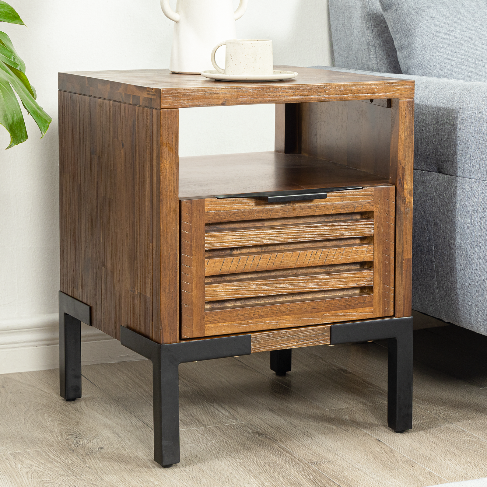Bme Millie Solid Acacia Wood Rustic Nightstand with Drawers & Open Shel
