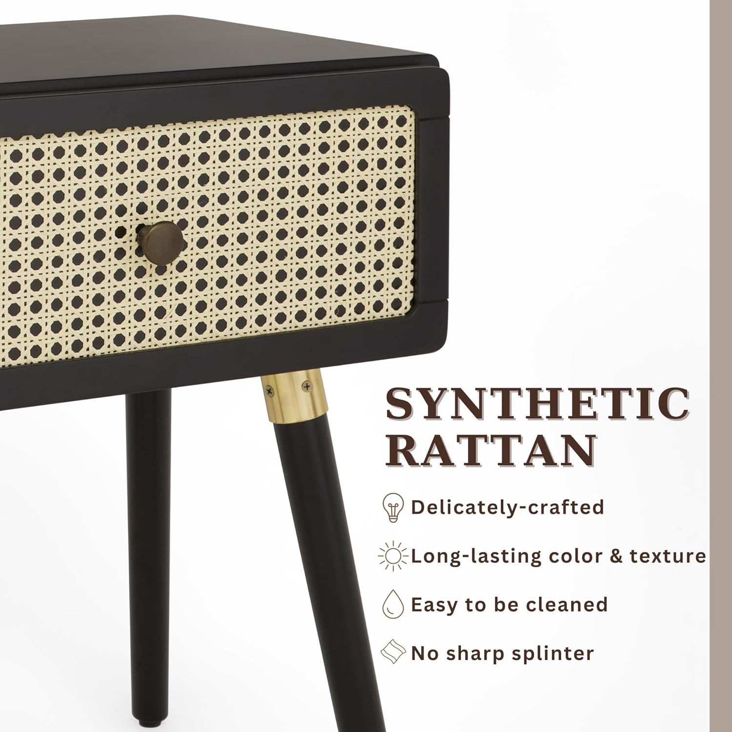 Bme Nipe Black Solid Wood Rattan Nightstand Fully Assembled