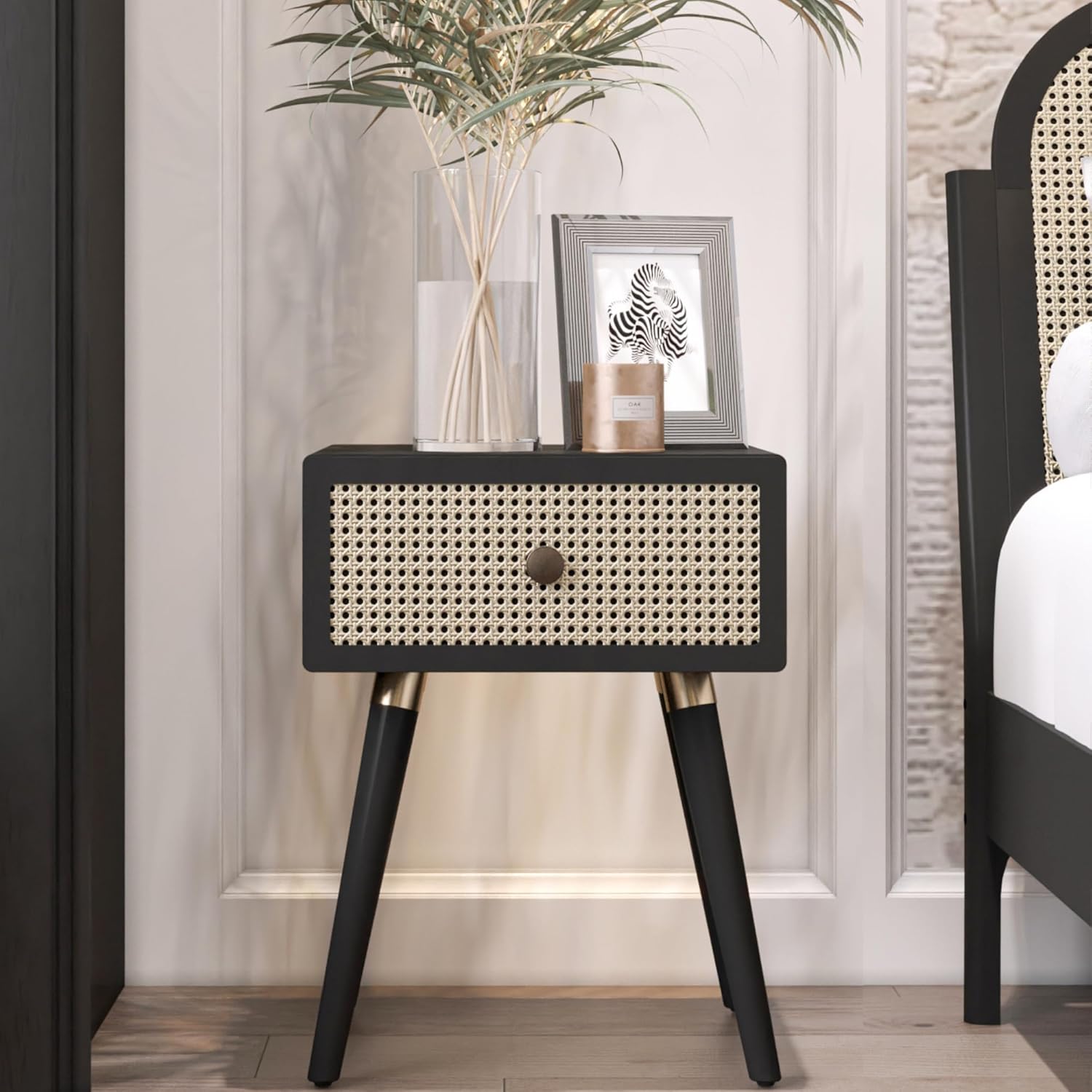Bme Nipe Black Solid Wood Rattan Nightstand Fully Assembled