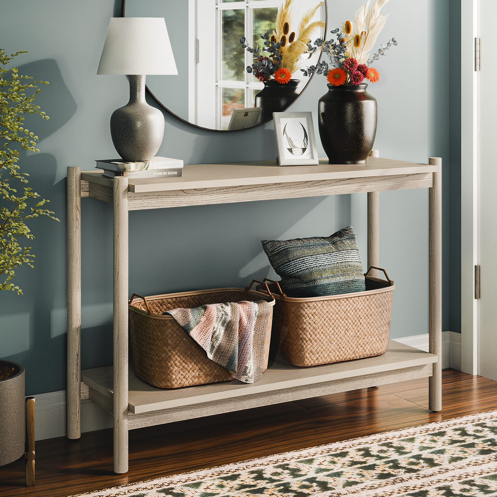 Bme Lyra Console Table, Pure Solid Wood with Oak Finish