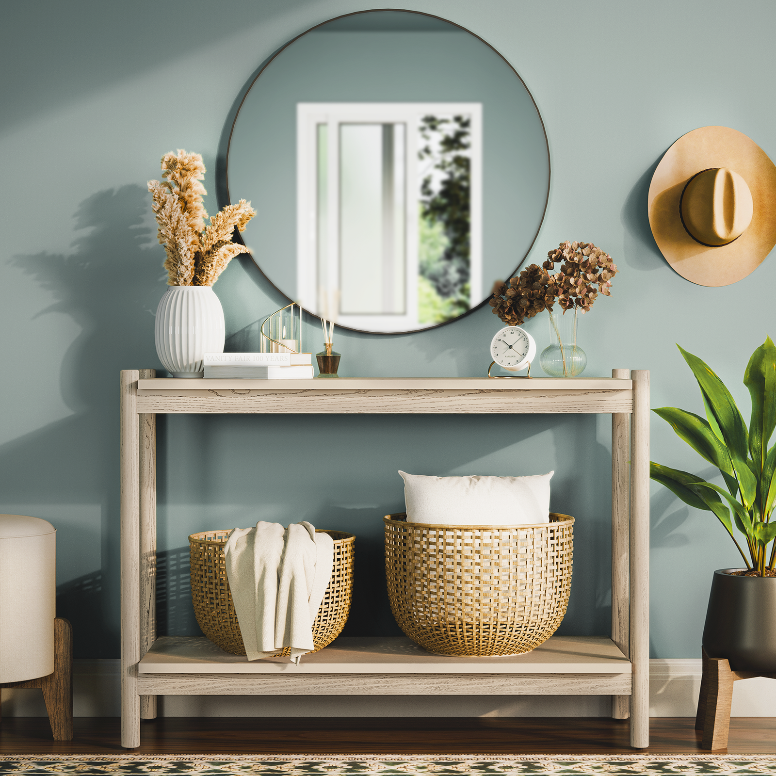 Bme Lyra Console Table, Pure Solid Wood with Oak Finish