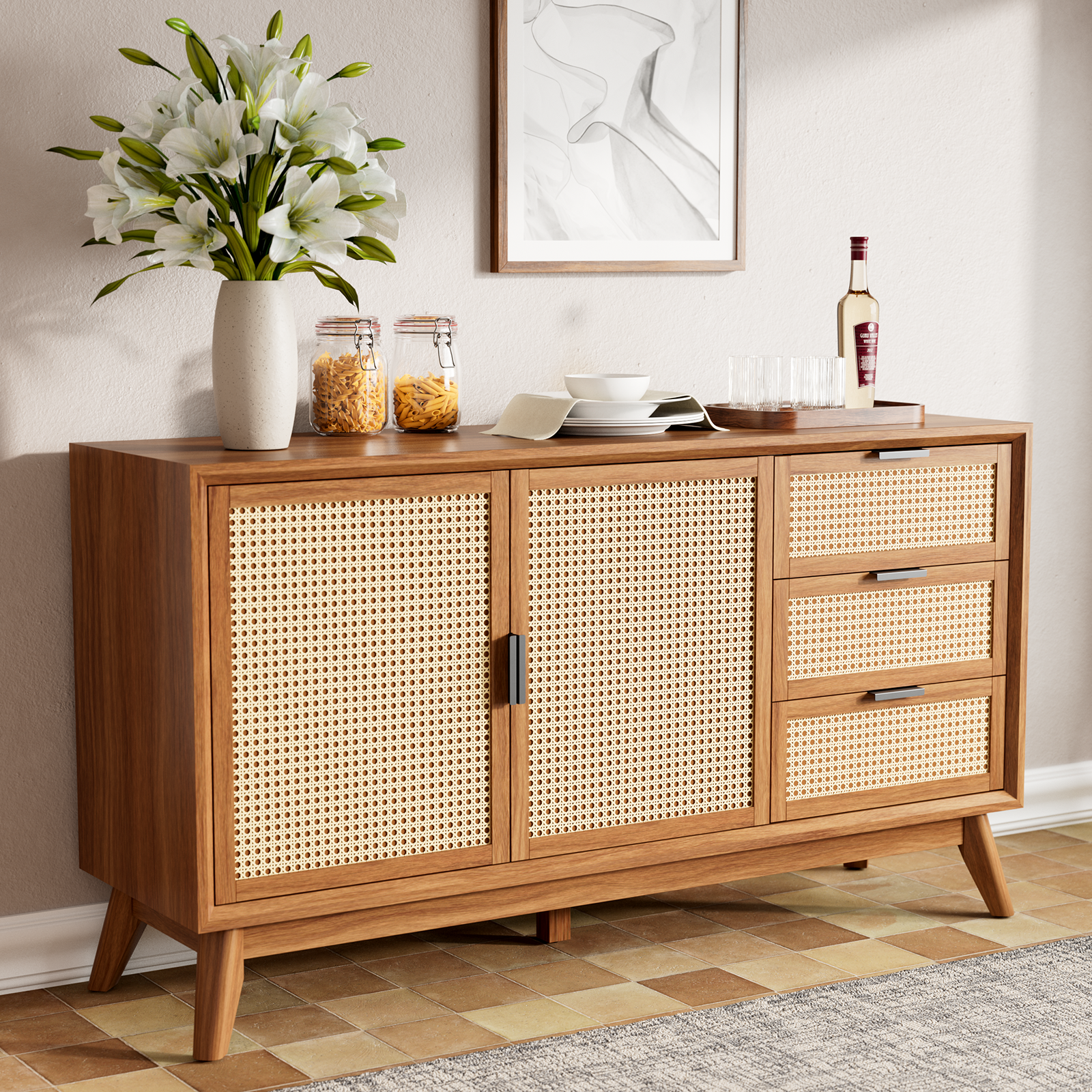 Bme Rattan Pre-Assembled Buffet Sideboard with 3 Drawers & 2 Doors